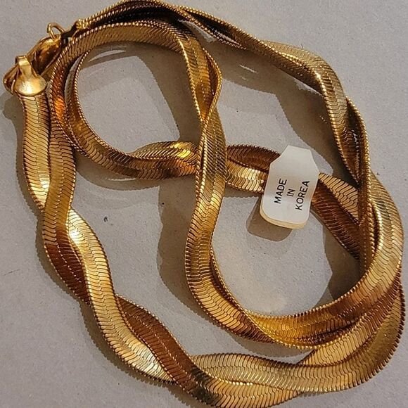 #Vintage Gold Tone #Herringbone Double Twist Layered Choker Necklace Never Worn - Picture 6 of 8